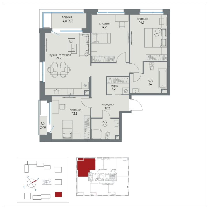 1-комнатная квартира в ЖК Tau House на 3 этаже в 1 секции. Сдача в 3 кв. 2024 г.