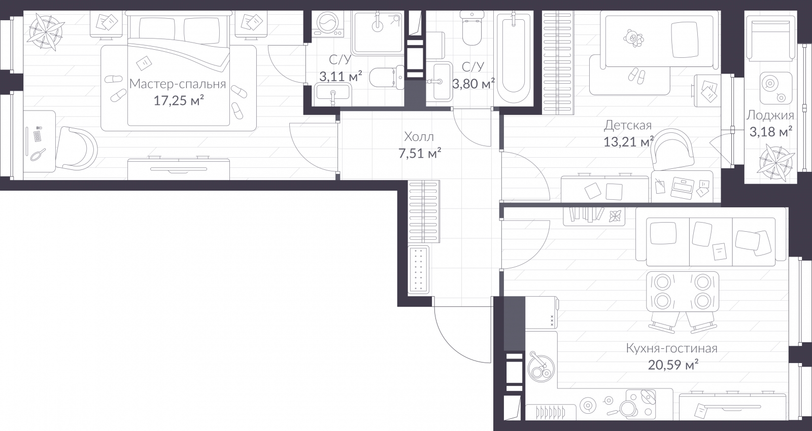 2-комнатная квартира в ЖК Tau House на 17 этаже в 1 секции. Сдача в 3 кв. 2024 г.