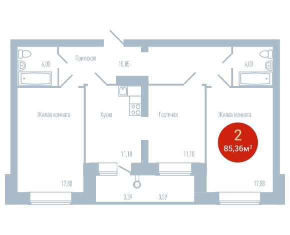 2-комнатная квартира в ЖК КутузовGRAD 2 на 23 этаже в 1 секции. Сдача в 3 кв. 2022 г.