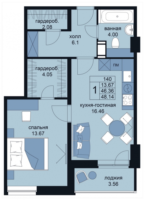 2-комнатная квартира в ЖК Остров на 19 этаже в 1 секции. Сдача в 4 кв. 2024 г.