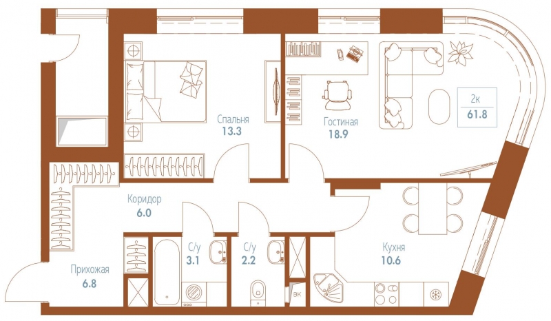2-комнатная квартира в ЖК MONODOM FAMILY на 12 этаже в 1 секции. Сдача в 4 кв. 2021 г.