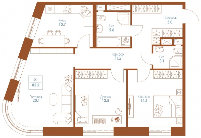 2-комнатная квартира в ЖК Остров на 11 этаже в 1 секции. Сдача в 1 кв. 2025 г.