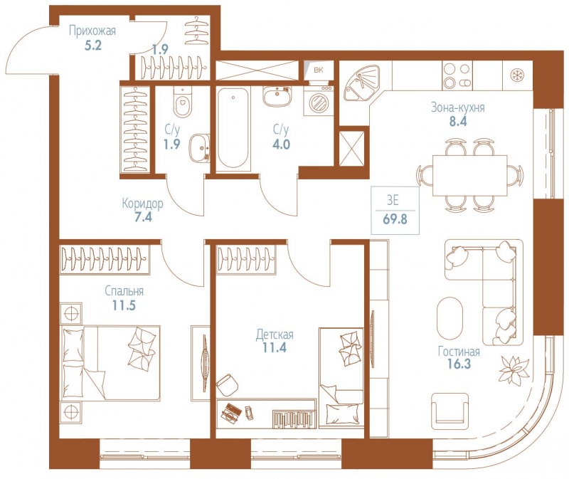 3-комнатная квартира с отделкой в ЖК RiverSky на 13 этаже в 1 секции. Сдача в 4 кв. 2021 г.
