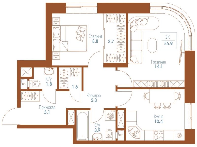 2-комнатная квартира в ЖК Остров на 5 этаже в 1 секции. Сдача в 4 кв. 2024 г.