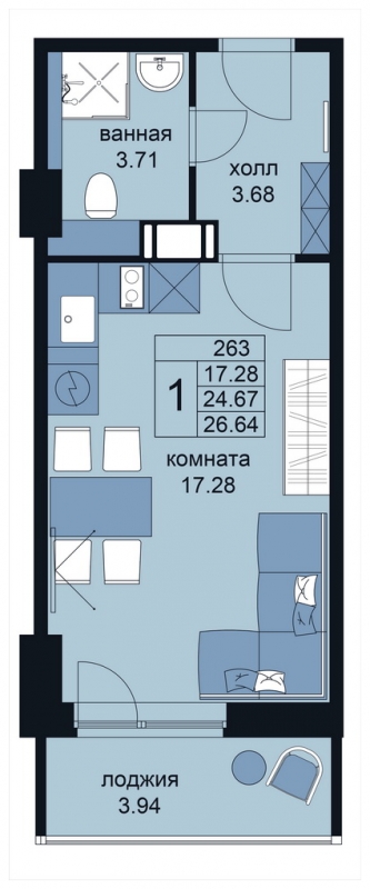 1-комнатная квартира (Студия) с отделкой в ЖК WINGS апартаменты на Крыленко на 15 этаже в 1 секции. Дом сдан.
