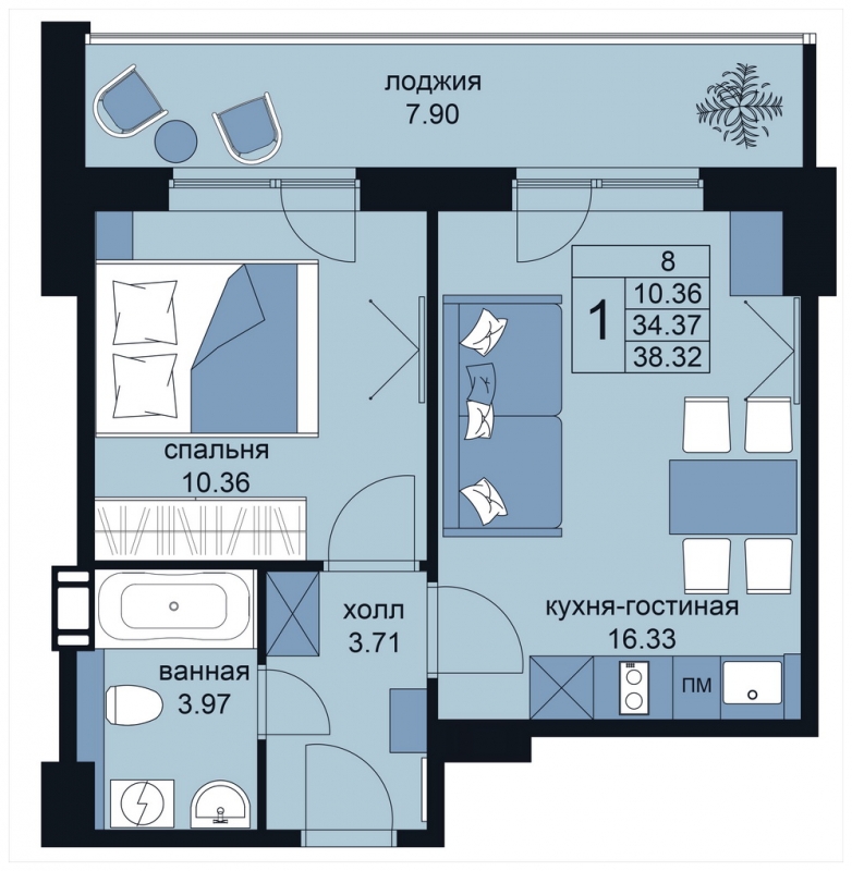 3-комнатная квартира в ЖК RiverSky на 6 этаже в 5 секции. Сдача в 4 кв. 2021 г.
