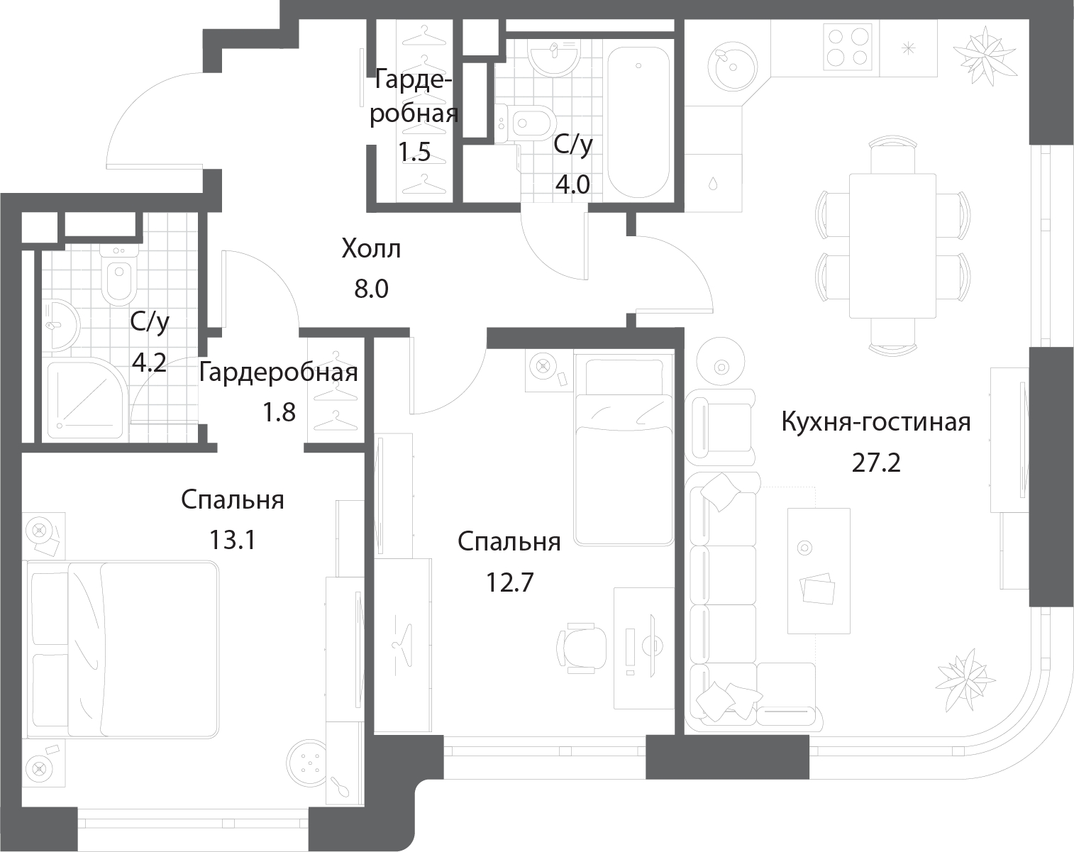 3-комнатная квартира в ЖК КутузовGRAD 2 на 27 этаже в 3 секции. Сдача в 3 кв. 2022 г.