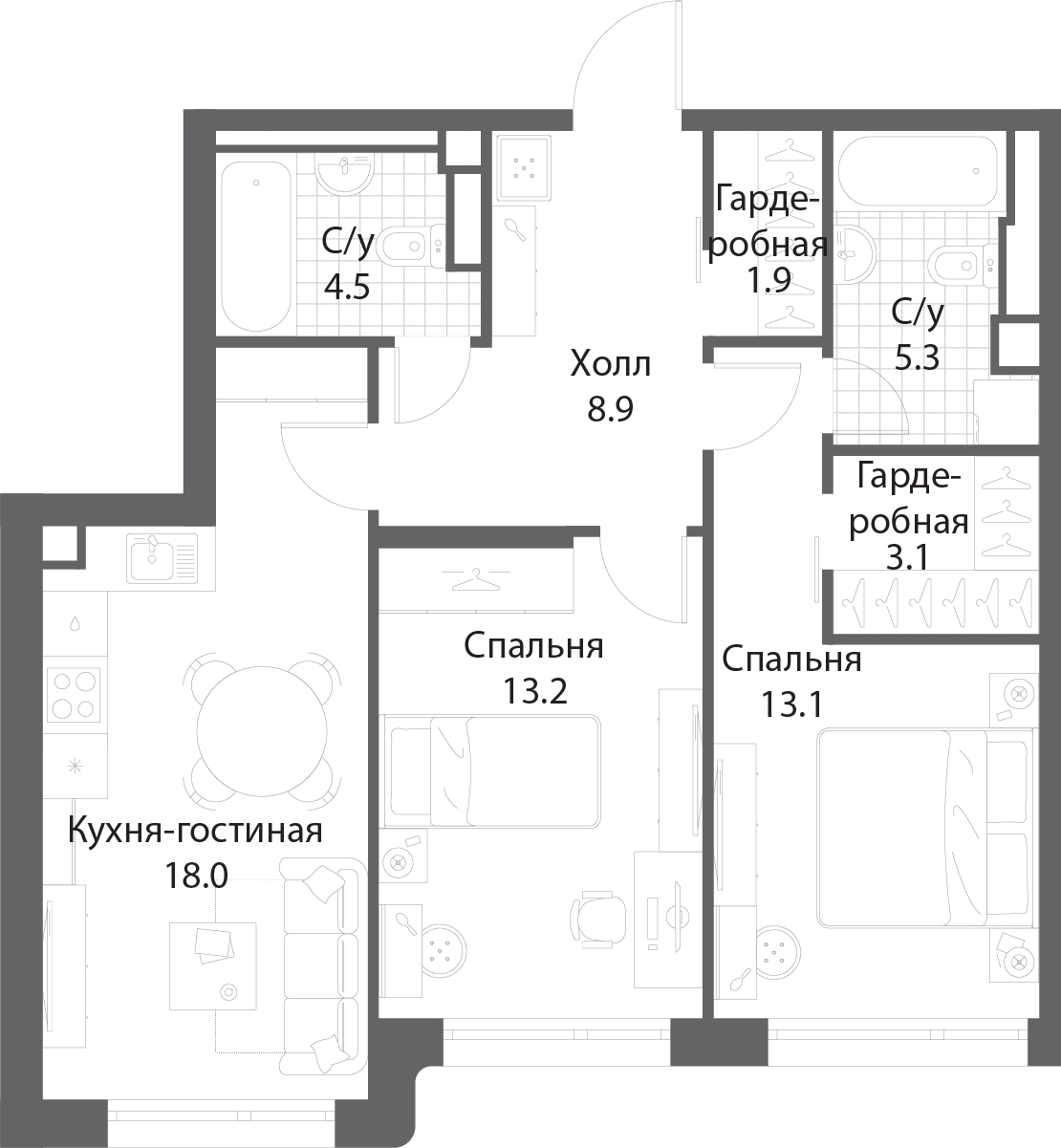 2-комнатная квартира в ЖК Остров на 17 этаже в 2 секции. Сдача в 1 кв. 2025 г.