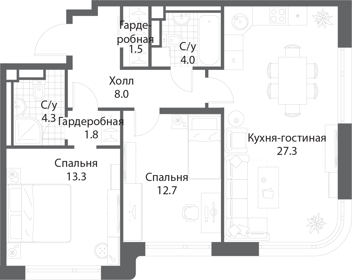2-комнатная квартира в ЖК КутузовGRAD 2 на 12 этаже в 2 секции. Сдача в 3 кв. 2022 г.