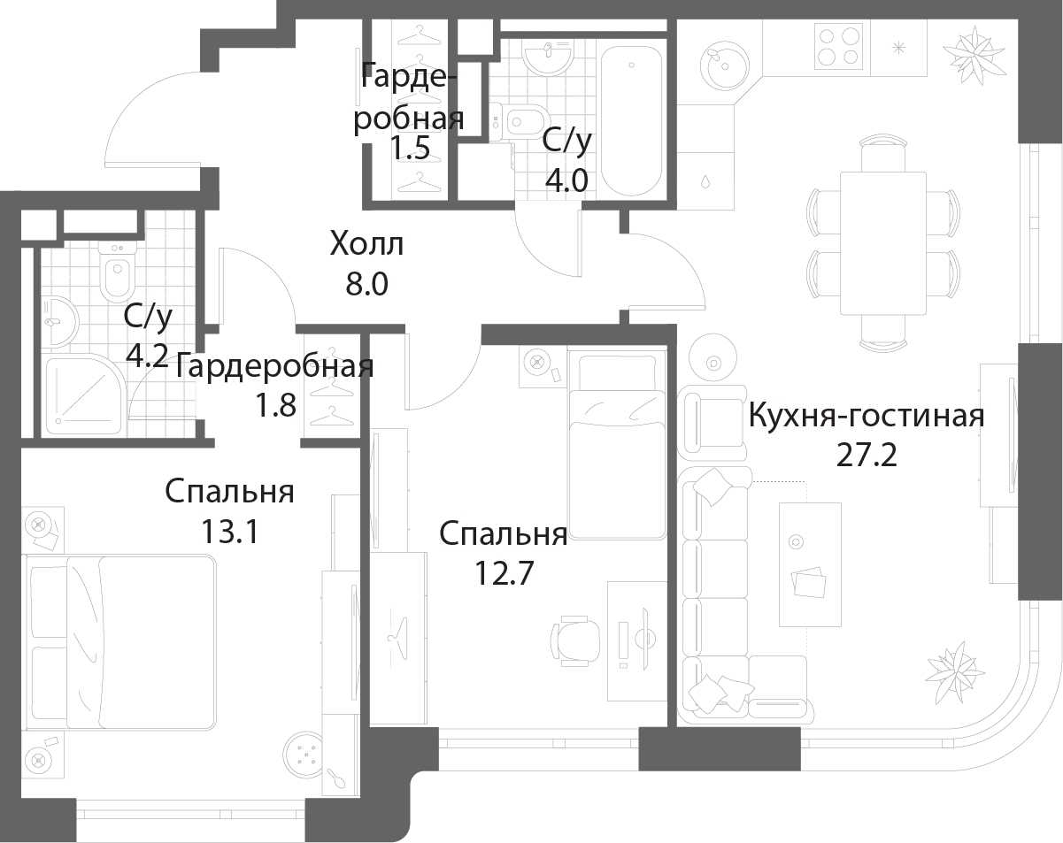 3-комнатная квартира в ЖК КутузовGRAD 2 на 27 этаже в 3 секции. Дом сдан.