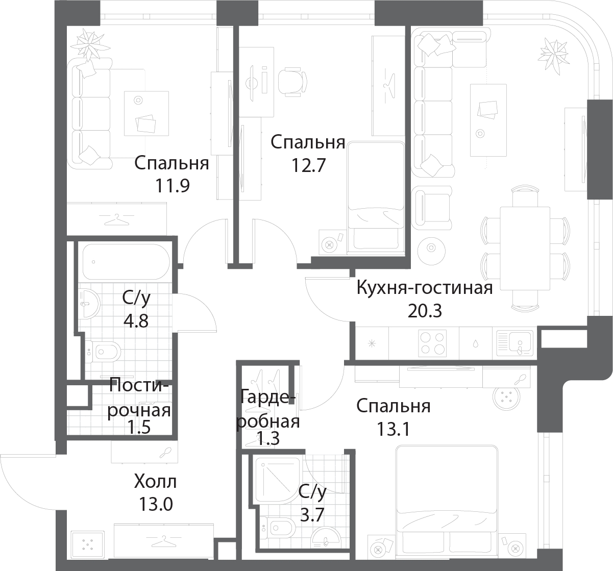 2-комнатная квартира в ЖК КутузовGRAD 2 на 16 этаже в 1 секции. Сдача в 3 кв. 2022 г.