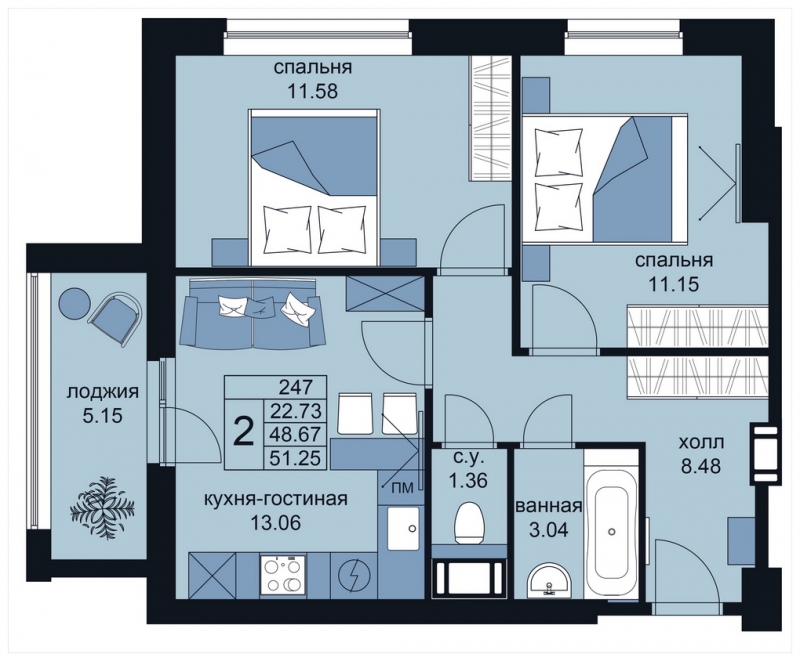 2-комнатная квартира с отделкой в ЖК Остров на 6 этаже в 1 секции. Сдача в 4 кв. 2024 г.