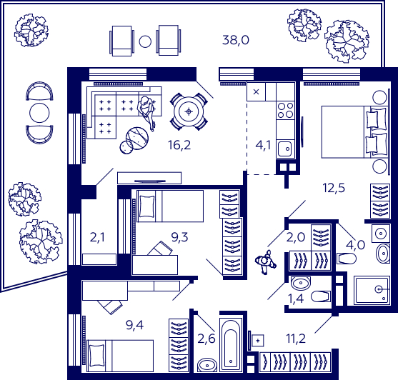 4-комнатная квартира в ЖК Остров на 18 этаже в 2 секции. Сдача в 1 кв. 2025 г.
