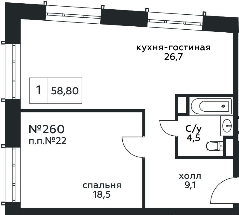 1-комнатная квартира с отделкой в ЖК Апарт-комплекс Nakhimov на 9 этаже в 1 секции. Сдача в 1 кв. 2021 г.