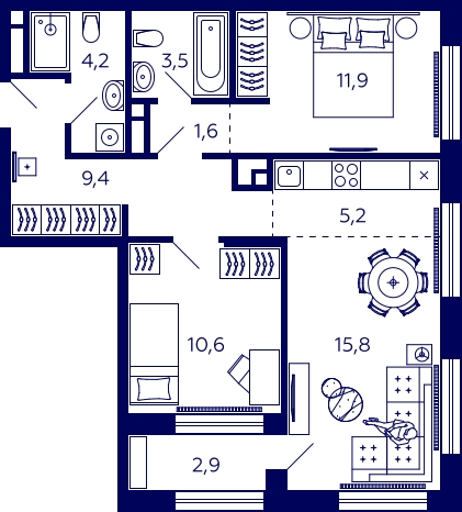 2-комнатная квартира в ЖК Остров на 8 этаже в 1 секции. Сдача в 4 кв. 2024 г.