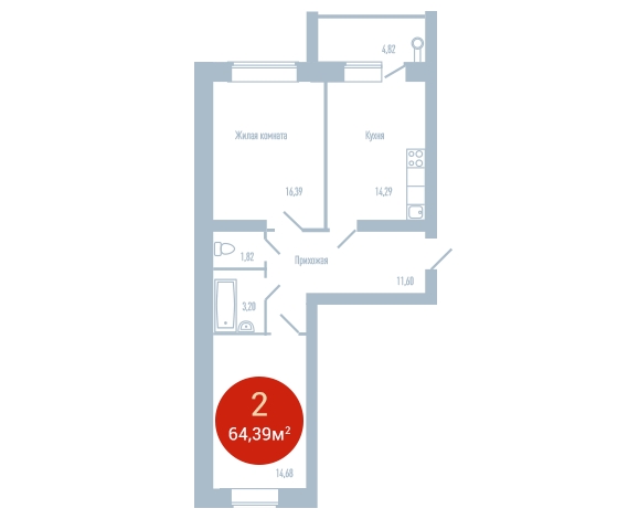 2-комнатная квартира в ЖК Остров на 6 этаже в 1 секции. Сдача в 4 кв. 2024 г.