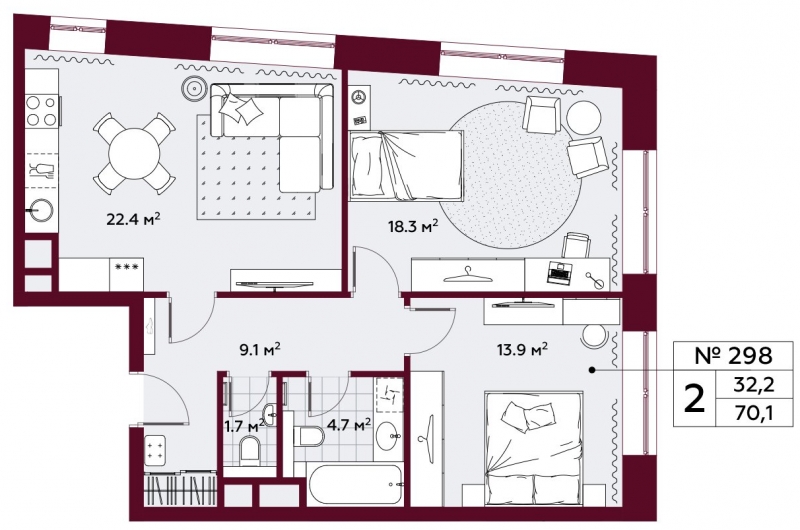 2-комнатная квартира с отделкой в ЖК Остров на 9 этаже в 2 секции. Сдача в 4 кв. 2024 г.
