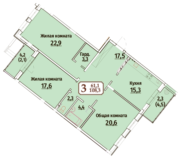 3-комнатная квартира в ЖК Остров на 9 этаже в 1 секции. Сдача в 4 кв. 2026 г.