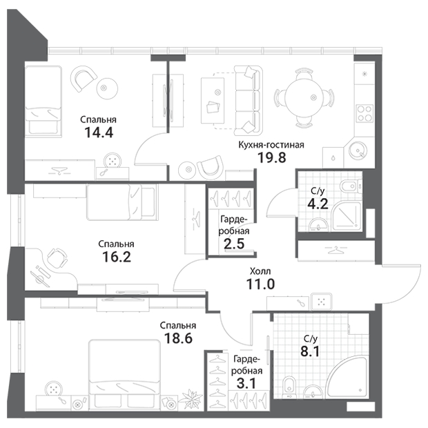 3-комнатная квартира с отделкой в ЖК Руставели 14 на 27 этаже в 1 секции. Сдача в 4 кв. 2023 г.