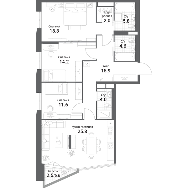 3-комнатная квартира в ЖК КутузовGRAD 2 на 25 этаже в 1 секции. Сдача в 3 кв. 2022 г.