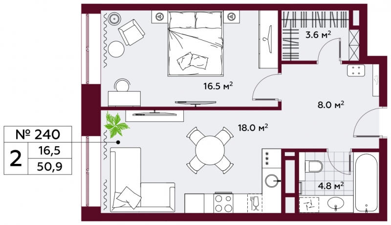 2-комнатная квартира с отделкой в ЖК Остров на 5 этаже в 1 секции. Сдача в 4 кв. 2024 г.