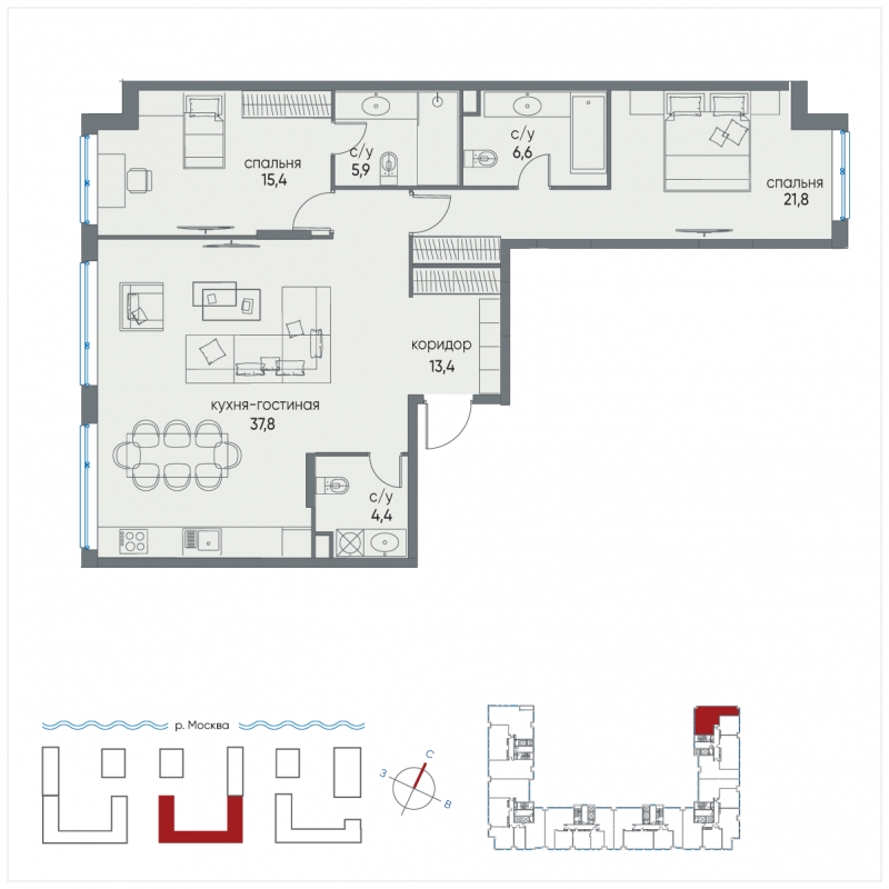 3-комнатная квартира с отделкой в ЖК Остров на 10 этаже в 1 секции. Сдача в 4 кв. 2024 г.