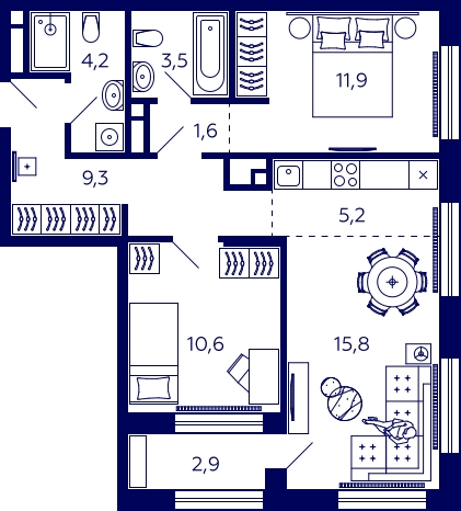 2-комнатная квартира в ЖК Остров на 16 этаже в 2 секции. Сдача в 1 кв. 2025 г.