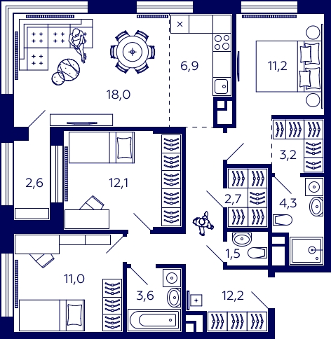 3-комнатная квартира с отделкой в ЖК Черная Речка на 5 этаже в 7 секции. Сдача в 4 кв. 2023 г.