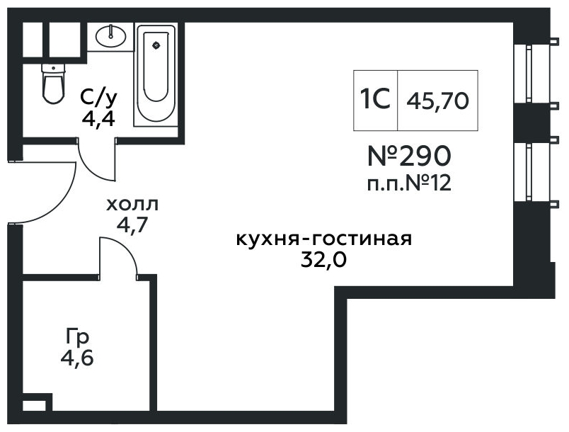 2-комнатная квартира в ЖК КутузовGRAD 2 на 29 этаже в 3 секции. Сдача в 3 кв. 2022 г.