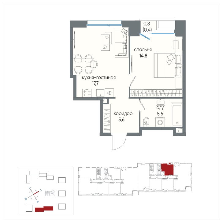 2-комнатная квартира в ЖК MONODOM FAMILY на 8 этаже в 1 секции. Сдача в 4 кв. 2021 г.