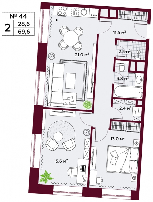 2-комнатная квартира в ЖК MONODOM FAMILY на 10 этаже в 1 секции. Сдача в 4 кв. 2021 г.