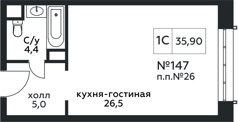 2-комнатная квартира в ЖК КутузовGRAD 2 на 23 этаже в 1 секции. Сдача в 3 кв. 2022 г.