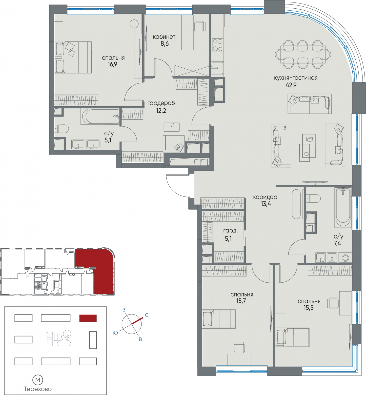 3-комнатная квартира в ЖК Остров на 18 этаже в 1 секции. Сдача в 4 кв. 2024 г.