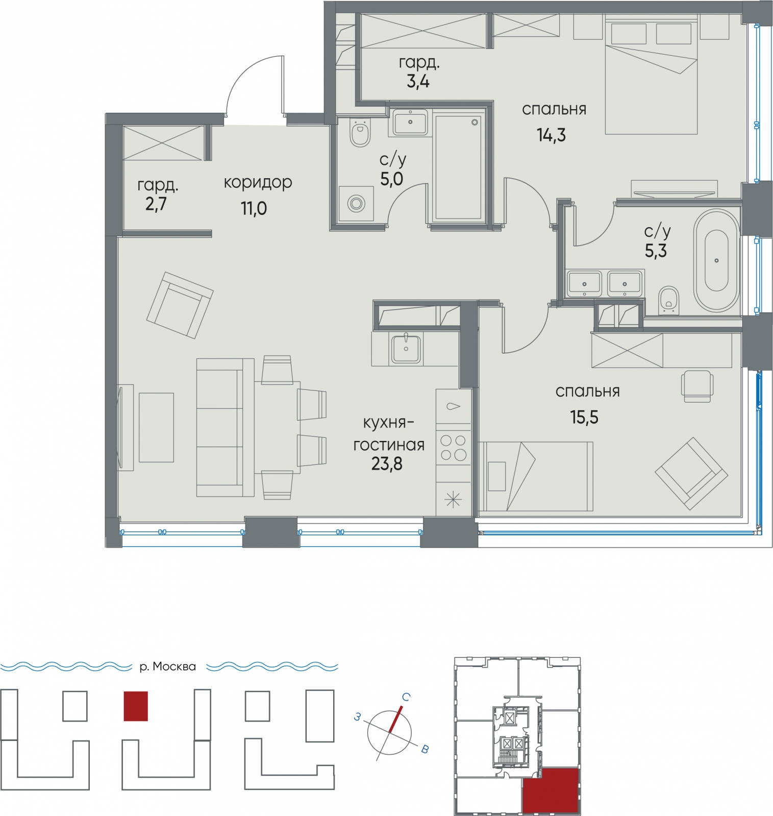 2-комнатная квартира в ЖК Остров на 16 этаже в 4 секции. Сдача в 1 кв. 2025 г.