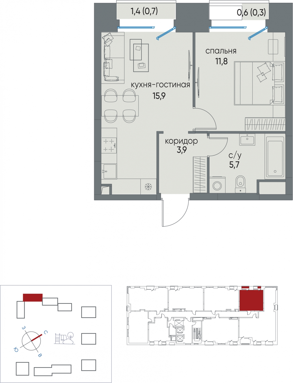 2-комнатная квартира в ЖК Остров на 11 этаже в 3 секции. Сдача в 1 кв. 2025 г.