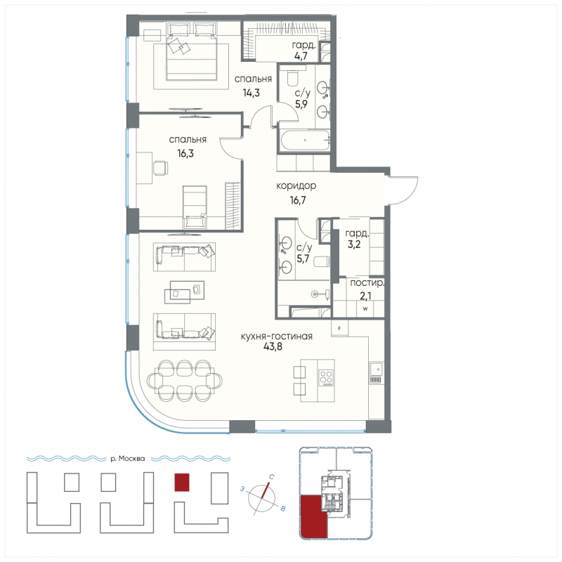 2-комнатная квартира в ЖК Остров на 8 этаже в 1 секции. Сдача в 1 кв. 2025 г.