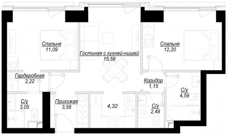 2-комнатная квартира в ЖК Румянцево-Парк на 8 этаже в 13 секции. Сдача в 4 кв. 2022 г.