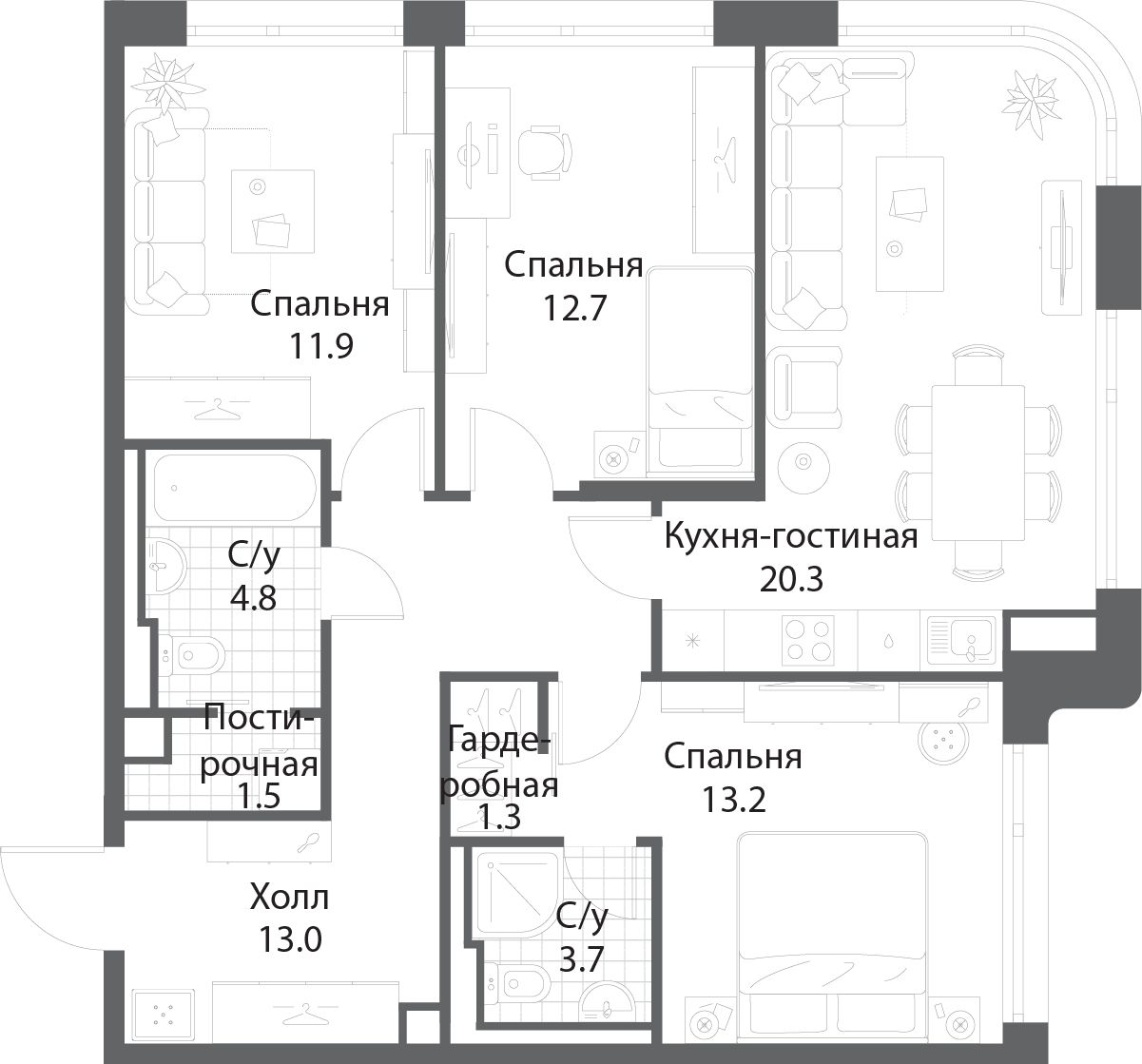 3-комнатная квартира в ЖК TopHILLS на 5 этаже в 3 секции. Сдача в 1 кв. 2023 г.