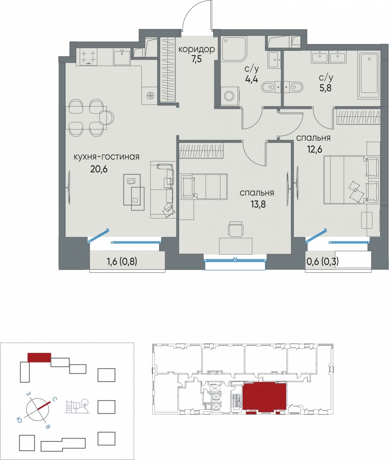 2-комнатная квартира в ЖК Остров на 18 этаже в 1 секции. Сдача в 4 кв. 2024 г.
