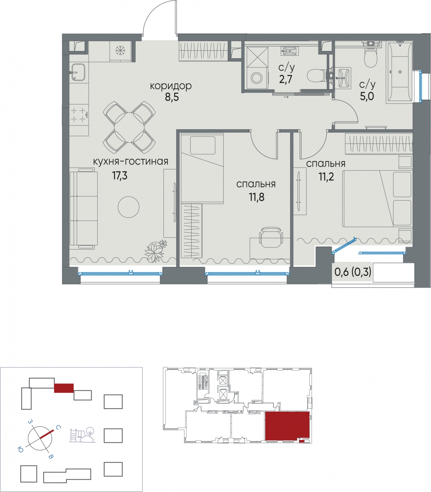 2-комнатная квартира в Жилой район Новый город на 1 этаже в 4 секции. Сдача в 2 кв. 2022 г.