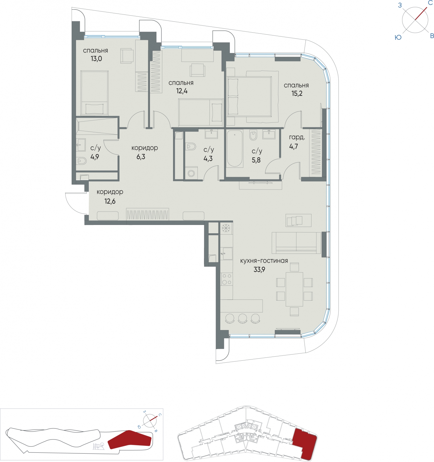 3-комнатная квартира в ЖК Остров на 19 этаже в 2 секции. Сдача в 1 кв. 2025 г.