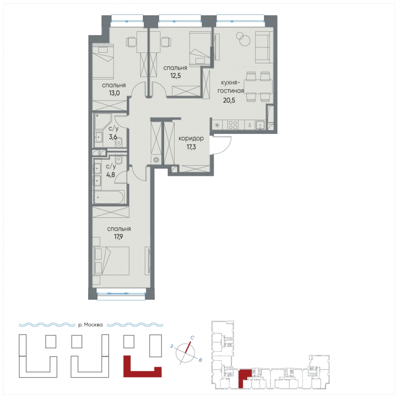 1-комнатная квартира в ЖК Tau House на 31 этаже в 1 секции. Сдача в 3 кв. 2024 г.