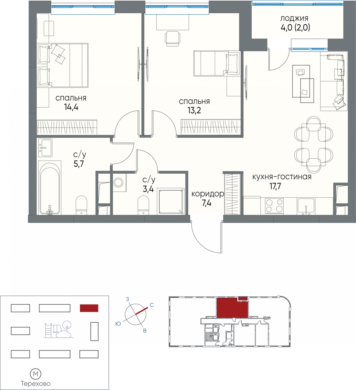 2-комнатная квартира в ЖК Tau House на 26 этаже в 1 секции. Сдача в 3 кв. 2024 г.