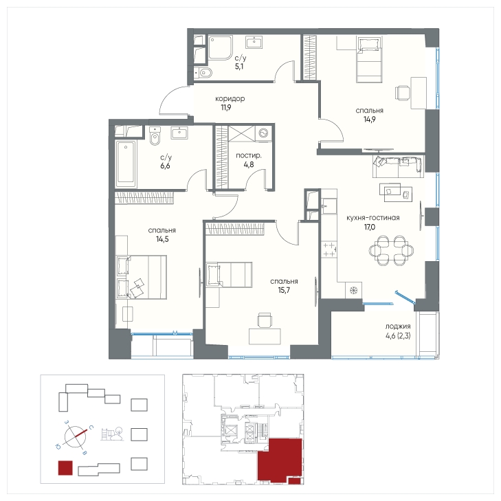 1-комнатная квартира (Студия) в ЖК Остров на 16 этаже в 1 секции. Сдача в 1 кв. 2025 г.