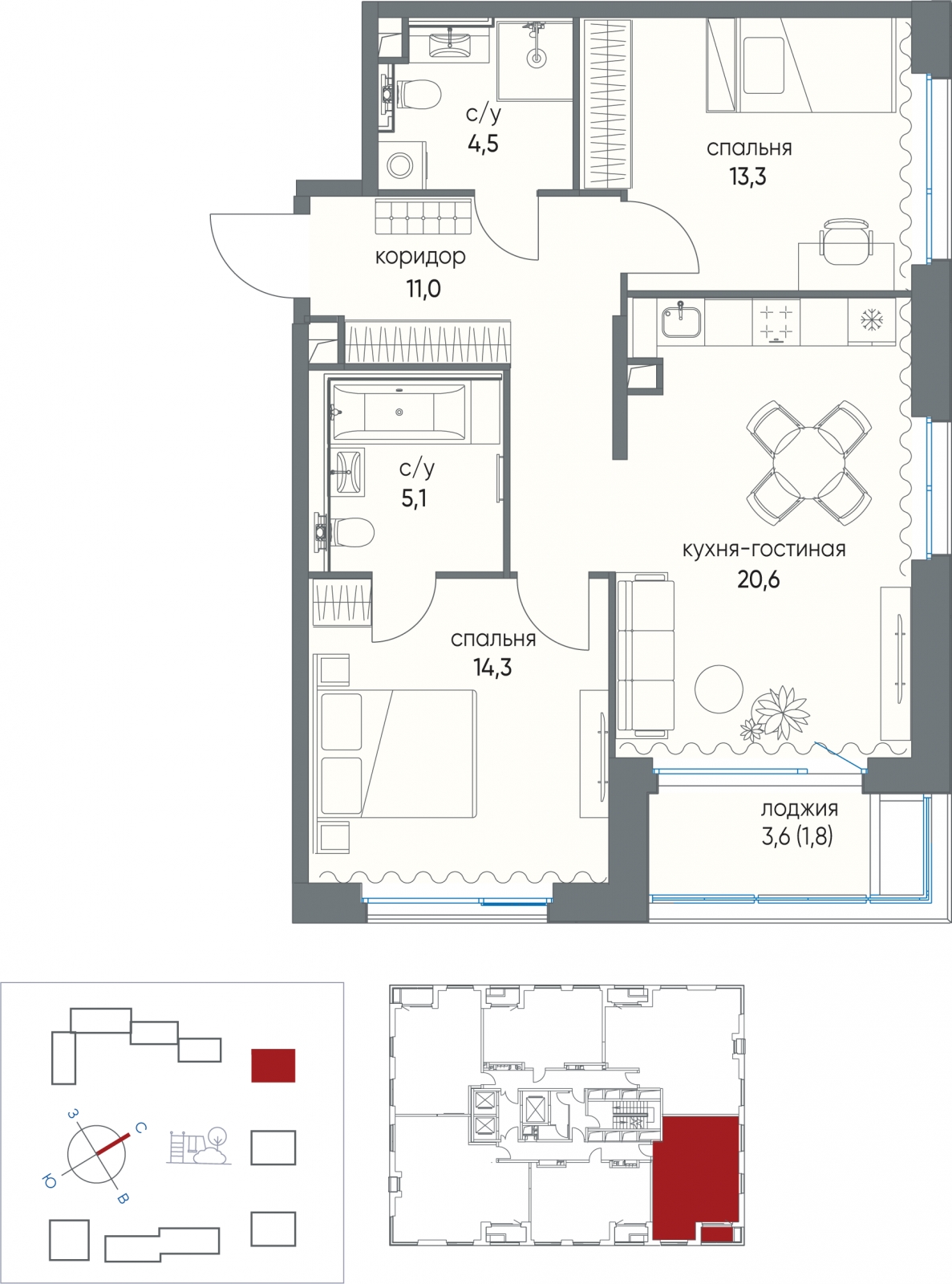 2-комнатная квартира в ЖК Остров на 22 этаже в 1 секции. Сдача в 1 кв. 2025 г.