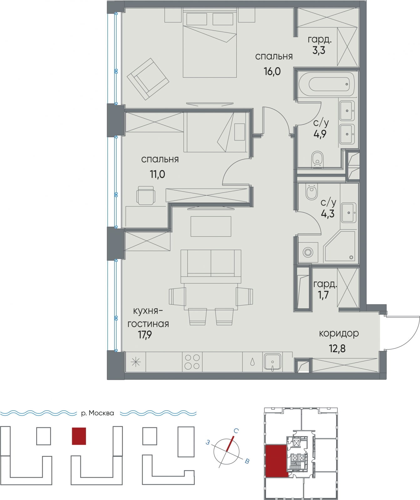 1-комнатная квартира в ЖК Остров на 6 этаже в 2 секции. Сдача в 1 кв. 2025 г.