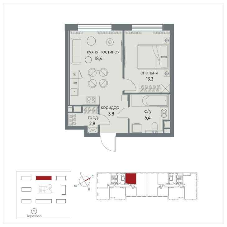 2-комнатная квартира в ЖК Nagatino i-Land на 12 этаже в 1 секции. Сдача в 3 кв. 2025 г.