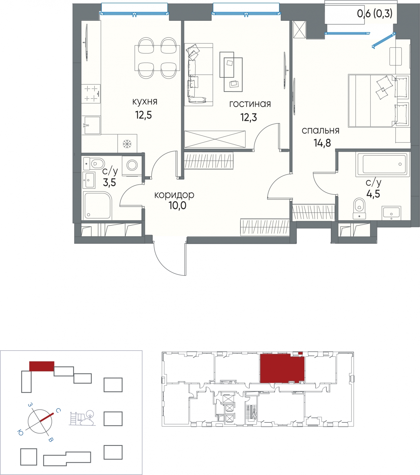 3-комнатная квартира в ЖК Wellton Towers на 24 этаже в 1 секции. Сдача в 3 кв. 2021 г.
