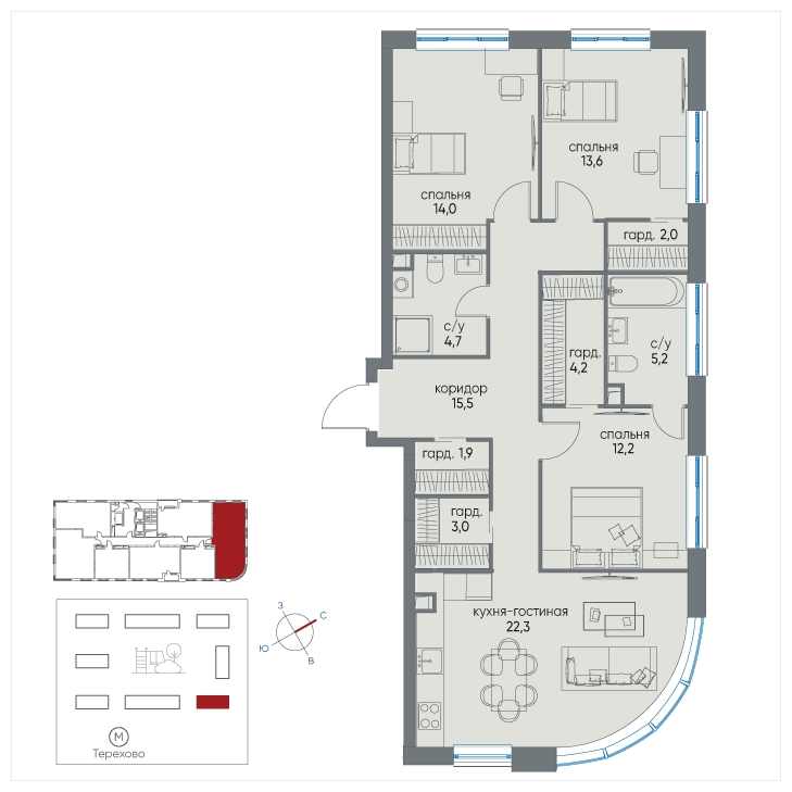 2-комнатная квартира в ЖК Белый Остров на 9 этаже в 1 секции. Сдача в 2 кв. 2023 г.