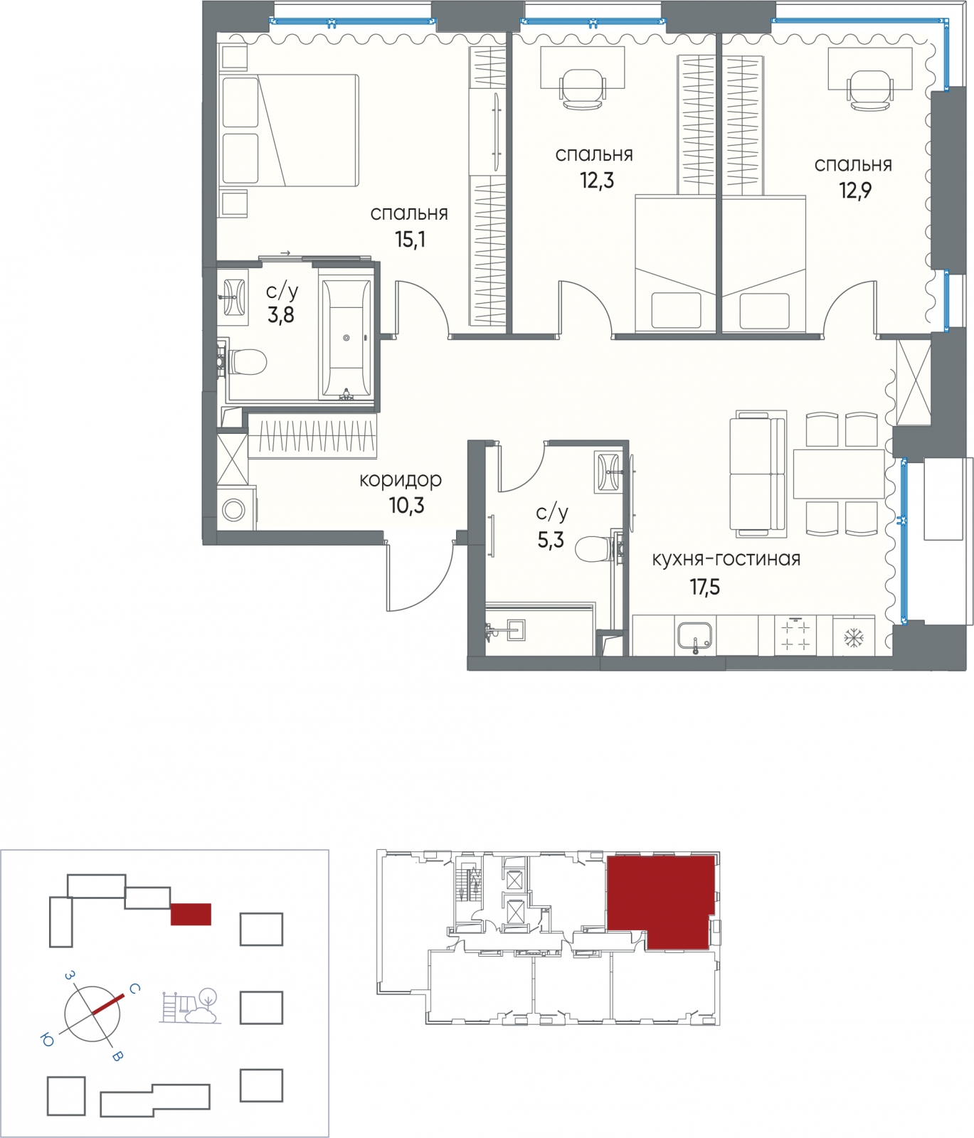 3-комнатная квартира с отделкой в ЖК Остров на 12 этаже в 1 секции. Сдача в 4 кв. 2024 г.